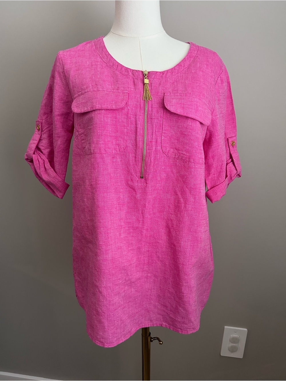 Linen cotton blend Pink Zipper-Front Roll-Sleeve Tunic Top natural fibre